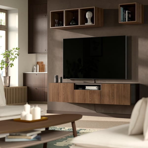 BESTÅ TV bench, black-brown/Lappviken walnut effect, 180x42x39 cm