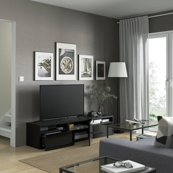BESTÅ - BESTÅ TV bench, black-brown/Selsviken high-gloss/black, 180x42x39 cm