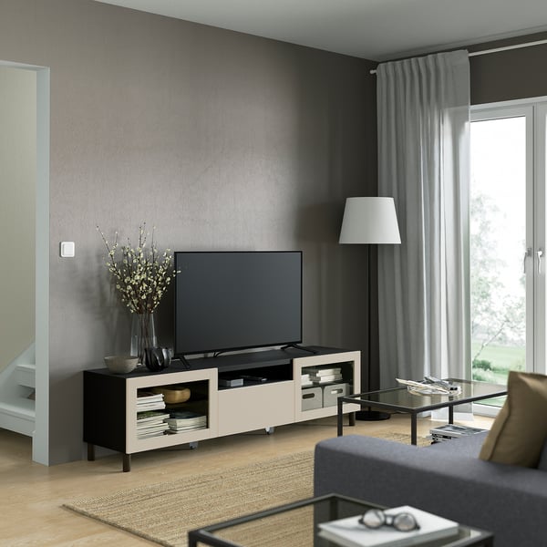 BESTÅ TV bench, black-brown Sindvik/Lappviken/Mejarp light grey/beige, 180x42x48 cm