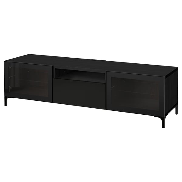 BESTÅ TV bench, black-brown/Selsviken/Nannarp high-gloss/black clear glass, 180x42x48 cm