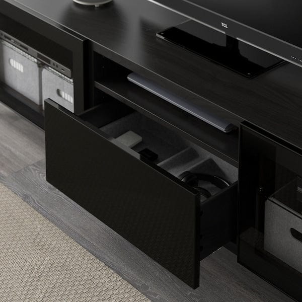 Ikea BESTÅ - TV bench, black-brown/Selsviken/Nannarp high-gloss/black clear glass, 180x42x48 cm