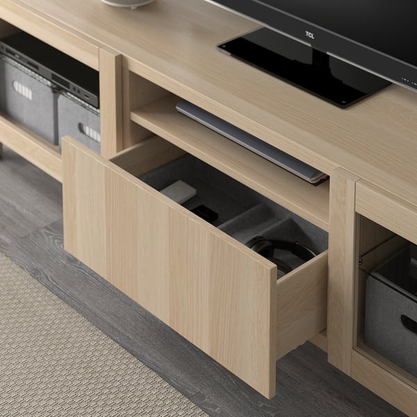 BESTÅ - BESTÅ TV bench, white stained oak effect/Lappviken/Stubbarp white stained oak eff clear glass, 180x42x48 cm