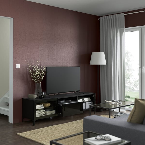 BESTÅ - BESTÅ TV bench, black-brown/Selsviken/Nannarp high-gloss/black clear glass, 180x42x48 cm