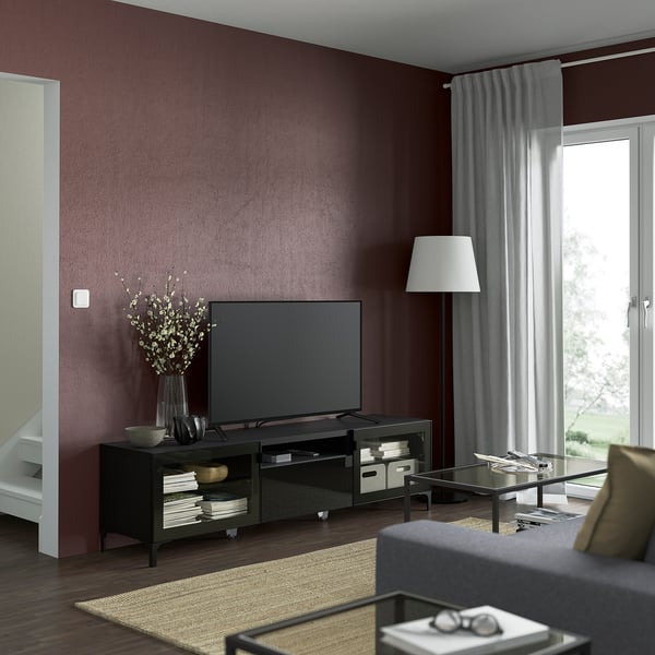 BESTÅ TV bench, black-brown/Selsviken/Nannarp high-gloss/black clear glass, 180x42x48 cm