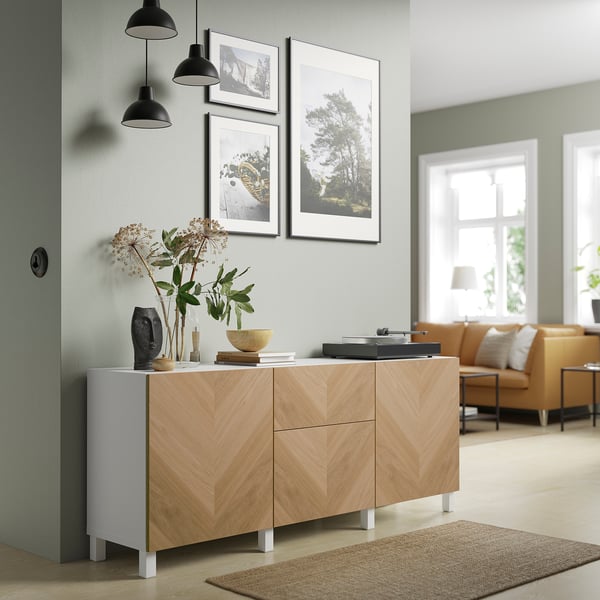 BESTÅ storage combination with drawers, white/Hedeviken/Stubbarp oak veneer, 180x42x74 cm