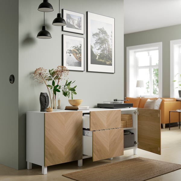 BESTÅ storage combination with drawers, white/Hedeviken/Stubbarp oak veneer, 180x42x74 cm
