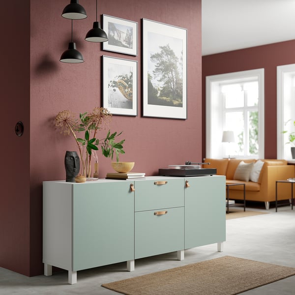BESTÅ storage combination with drawers, white/Hjortviken pale grey-green, 180x42x74 cm