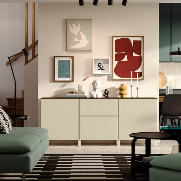 BESTÅ furniture with drawers, white/Krukmakare beige, 180x42x75 cm