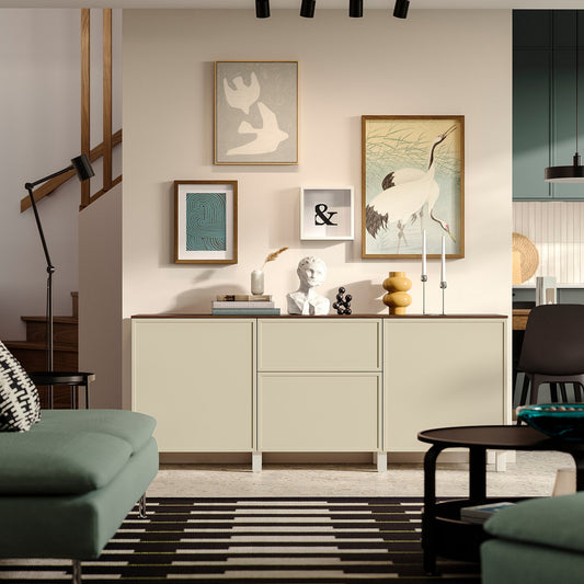 BESTÅ storage combination with drawers, white/Krukmakare beige, 180x42x75 cm