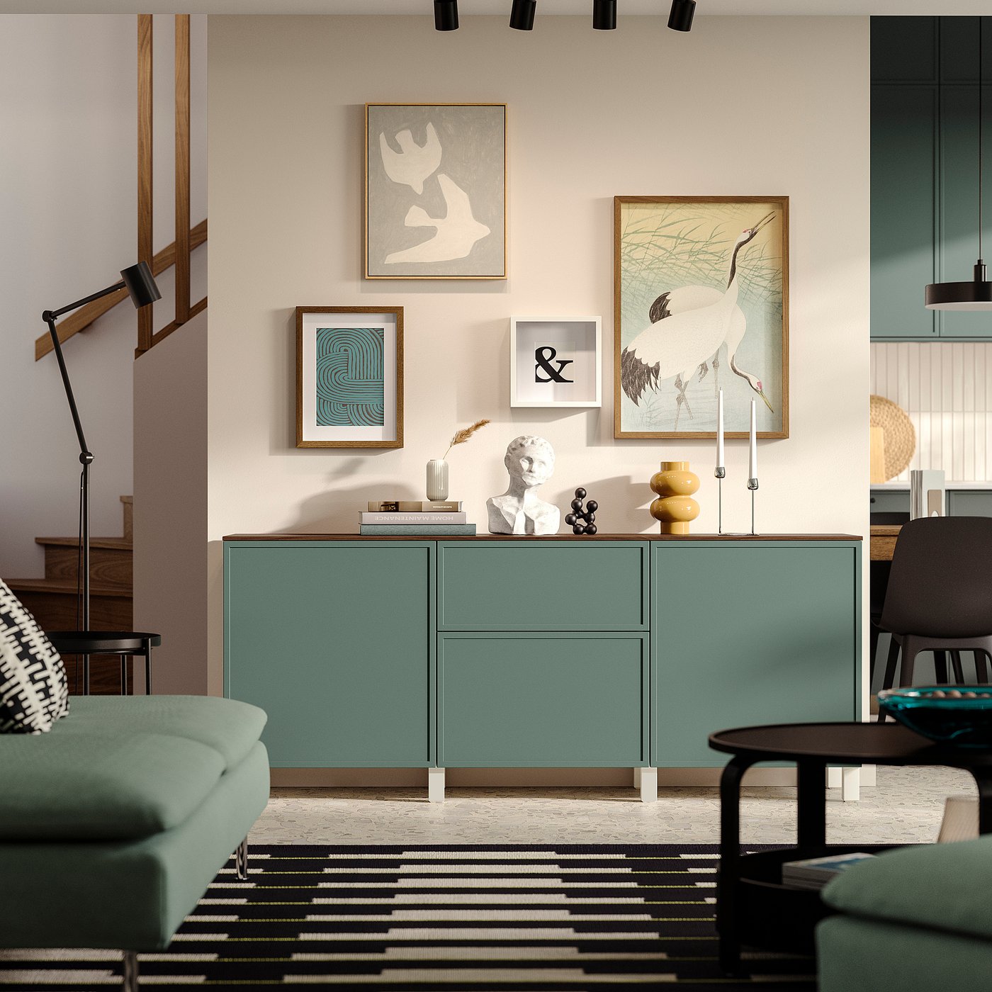 BESTÅ storage combination with drawers, white/Krukmakare dark grey-green, 180x42x75 cm