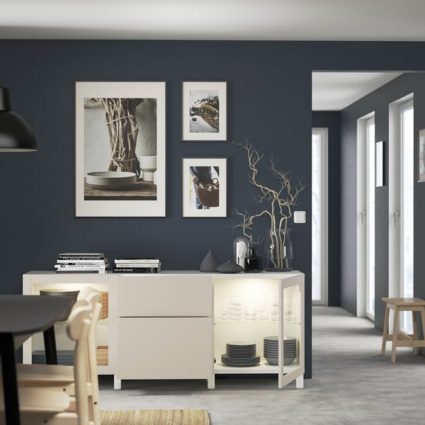 BESTÅ storage combination with drawers, white Lappviken/Stubbarp/light grey-beige clear glass, 180x42x74 cm