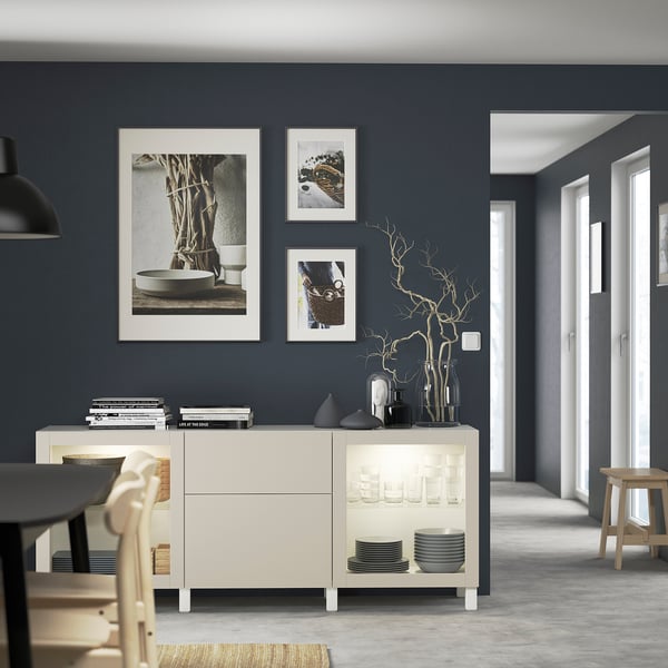 BESTÅ - BESTÅ Storage combination with drawers, white Lappviken/Stubbarp/light grey-beige clear glass, 180x42x74 cm