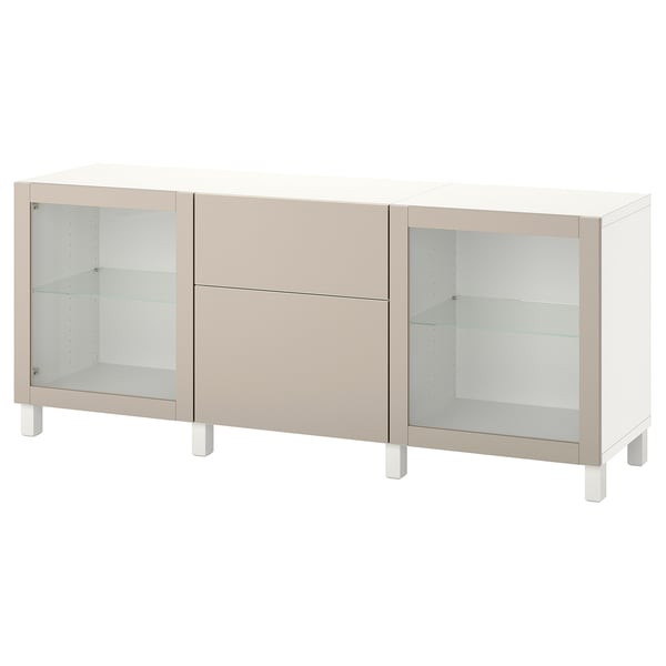 BESTÅ storage combination with drawers, white Lappviken/Stubbarp/light grey-beige clear glass, 180x42x74 cm