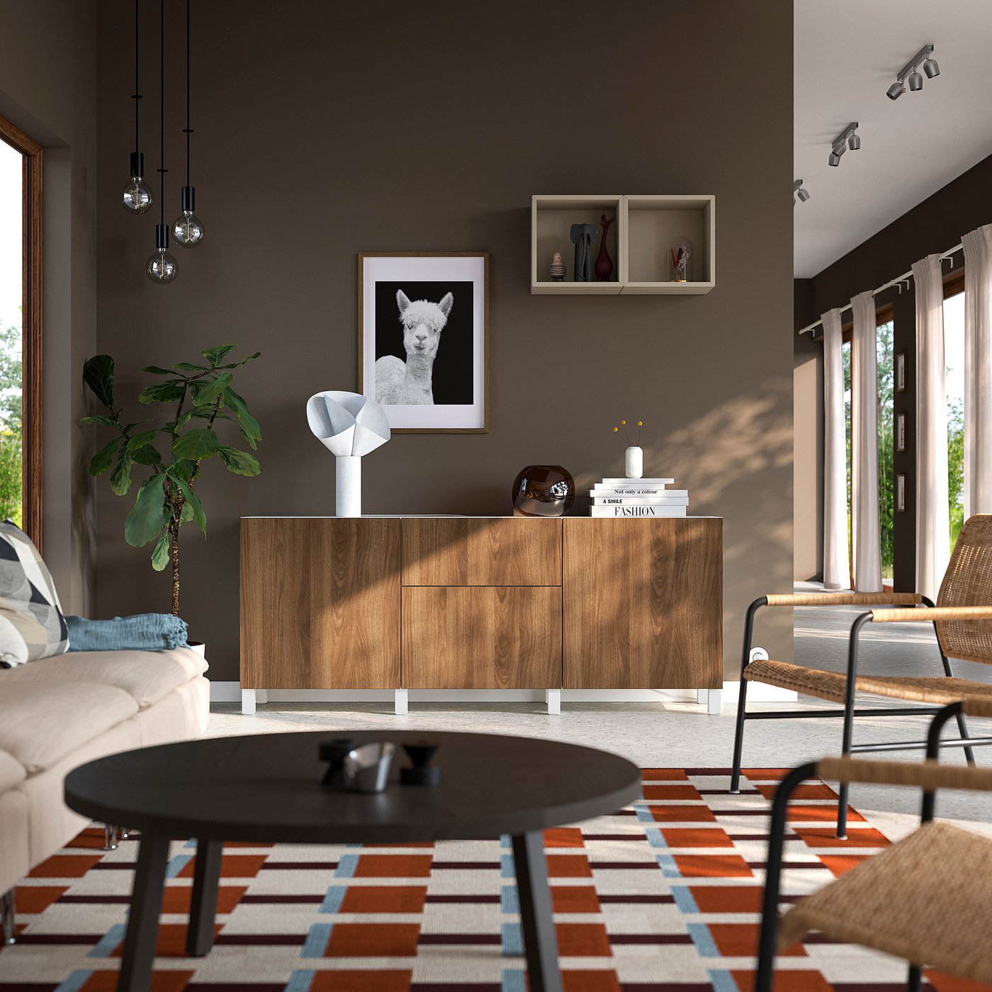 BESTÅ storage combination with drawers, white Lappviken/Stubbarp/brown walnut effect, 180x42x74 cm