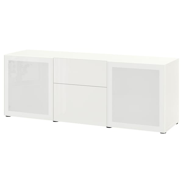 Ikea BESTÅ - Furniture with drawers, white/Selsviken polished/frosted glass,180x42x65 cm
