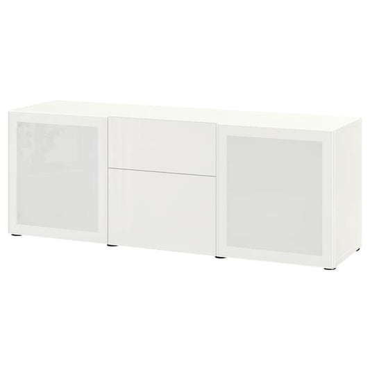 Ikea BESTÅ - Furniture with drawers, white/Selsviken polished/frosted glass,180x42x65 cm