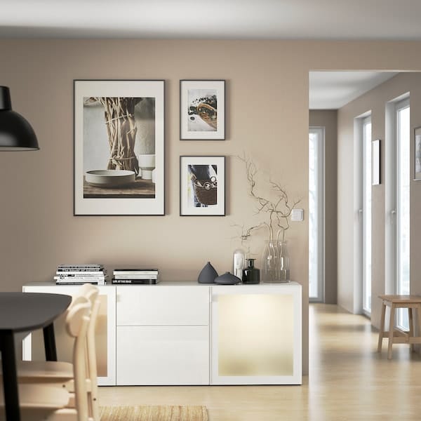 Ikea BESTÅ - Furniture with drawers, white/Selsviken polished/frosted glass,180x42x65 cm