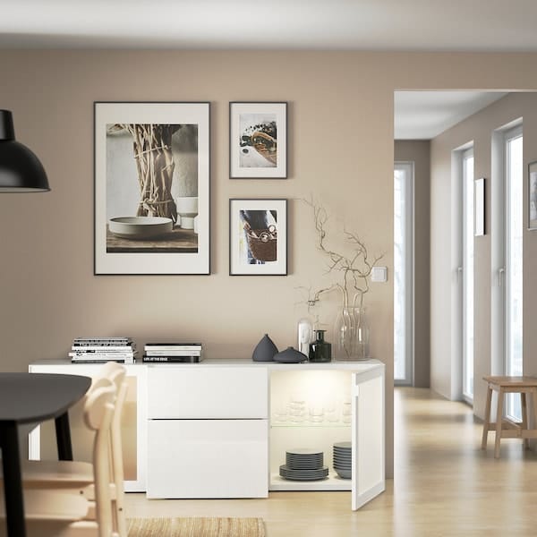 Ikea BESTÅ - Furniture with drawers, white/Selsviken polished/frosted glass,180x42x65 cm