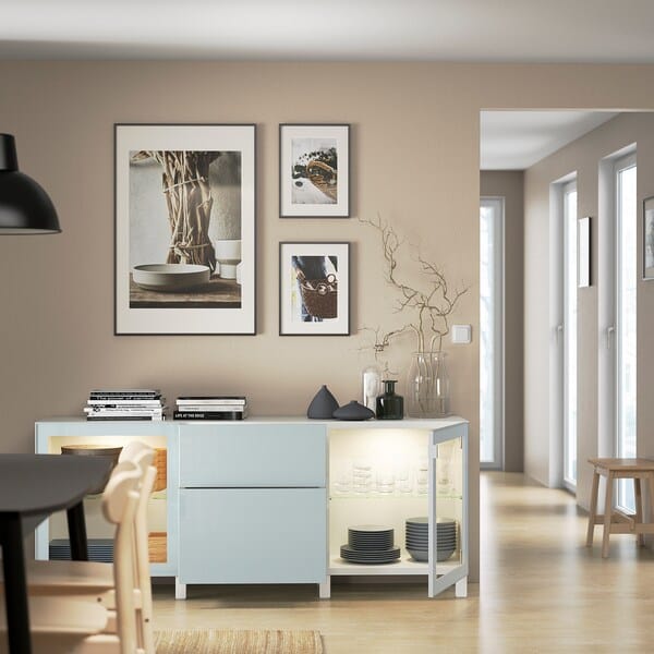 Ikea BESTÅ - Storage combination with drawers, white Selsviken/Stubbarp/light grey-blue clear glass, 180x42x74 cm