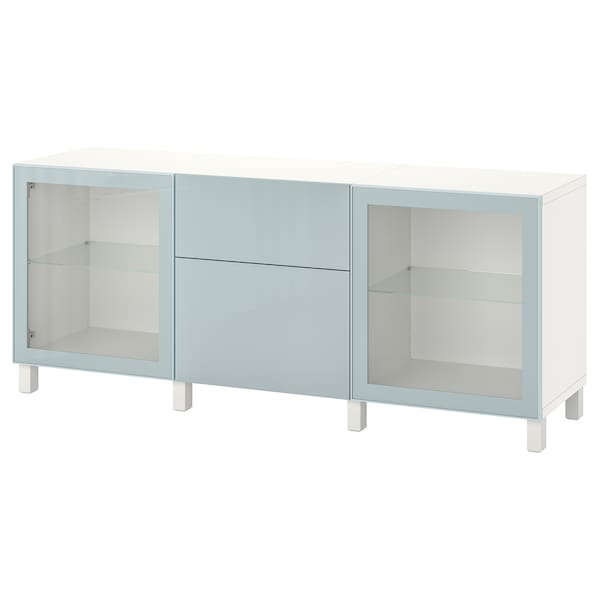 Ikea BESTÅ - Storage combination with drawers, white Selsviken/Stubbarp/light grey-blue clear glass, 180x42x74 cm