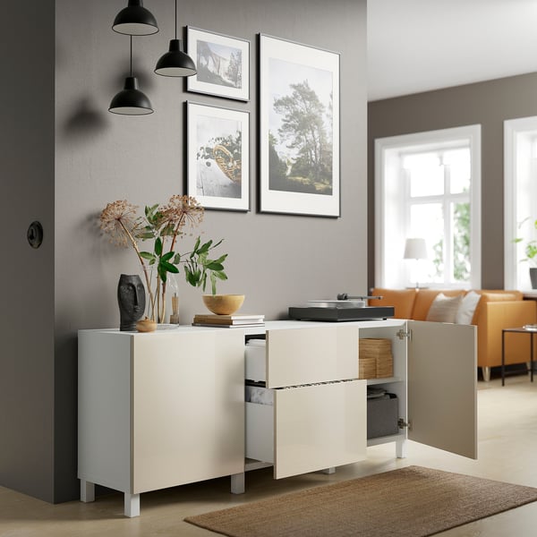 BESTÅ storage combination with drawers, white/Selsviken/Stubbarp high-gloss/beige, 180x42x74 cm