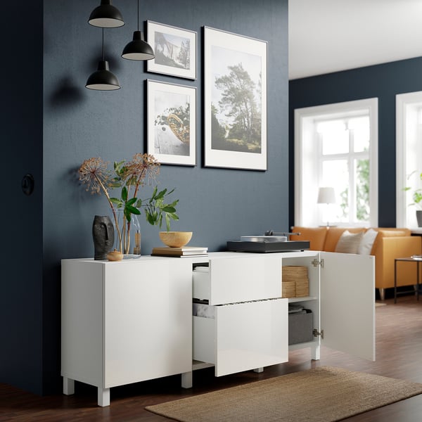 BESTÅ storage combination with drawers, white/Selsviken/Stubbarp high-gloss/white, 180x42x74 cm