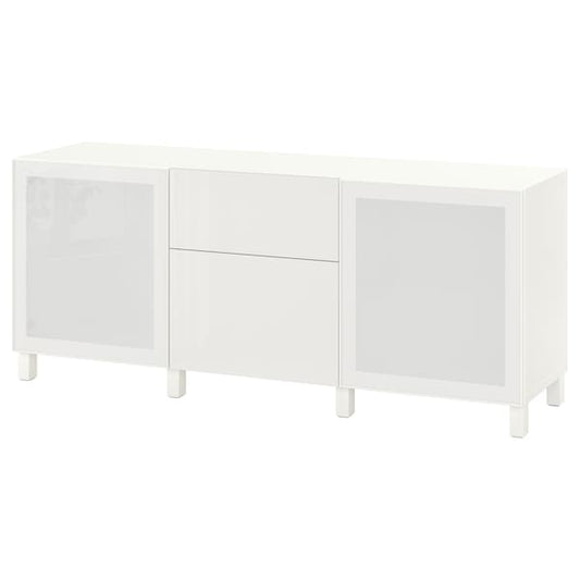 Ikea BESTÅ - Furniture with drawers, white/Selsviken/Stubbarp polished/white frosted glass,180x42x74 cm