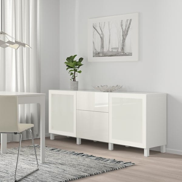 Ikea BESTÅ - Furniture with drawers, white/Selsviken/Stubbarp polished/white frosted glass,180x42x74 cm
