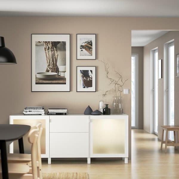 Ikea BESTÅ - Furniture with drawers, white/Selsviken/Stubbarp polished/white frosted glass,180x42x74 cm
