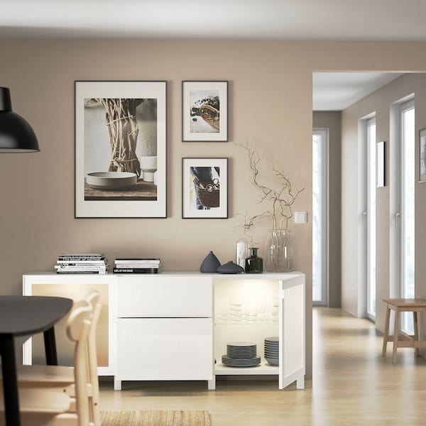 Ikea BESTÅ - Furniture with drawers, white/Selsviken/Stubbarp polished/white frosted glass,180x42x74 cm