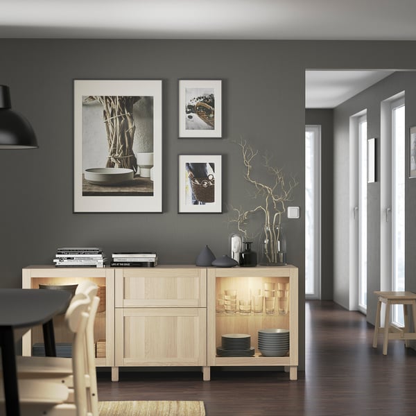 BESTÅ storage combination with drawers, white stained oak effect Hanviken/Sindvik/Stubbarp white stained oak eff clear glass, 180x42x74 cm