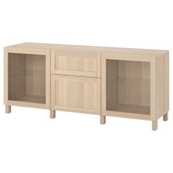 BESTÅ storage combination with drawers, white stained oak effect Hanviken/Sindvik/Stubbarp white stained oak eff clear glass, 180x42x74 cm