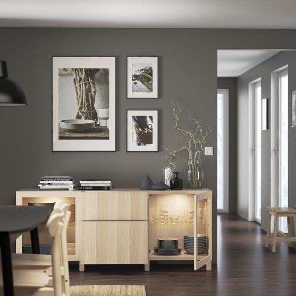 BESTÅ storage combination with drawers, white stained oak effect Lappviken/Sindvik/Stubbarp white stained oak eff clear glass, 180x42x74 cm