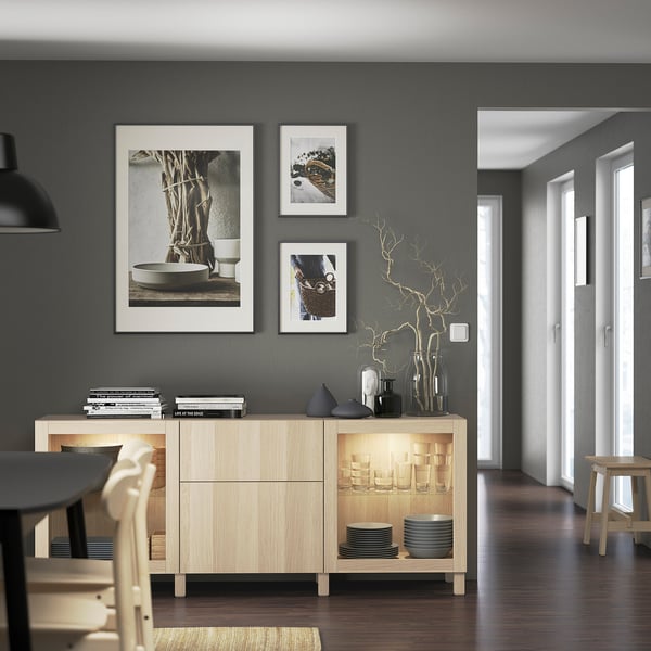 BESTÅ storage combination with drawers, white stained oak effect Lappviken/Sindvik/Stubbarp white stained oak eff clear glass, 180x42x74 cm