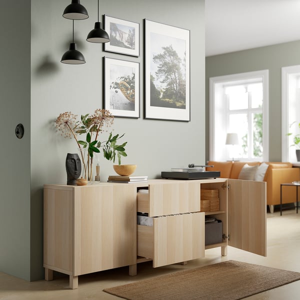 BESTÅ storage combination with drawers, white stained oak effect/Lappviken/Stubbarp white stained oak effect, 180x42x74 cm