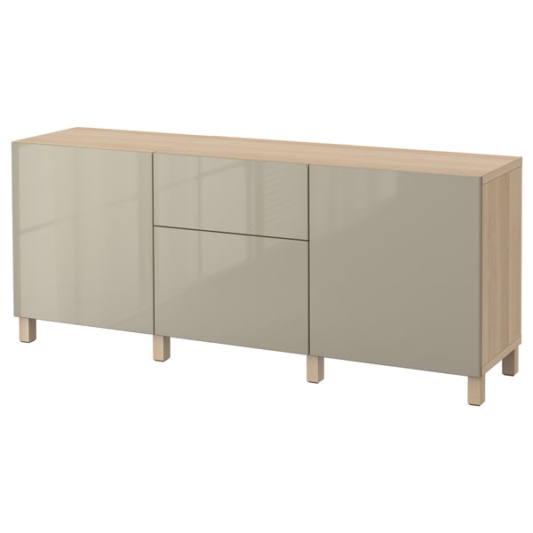 BESTÅ storage combination with drawers, white stained oak effect/Selsviken/Stubbarp high-gloss/beige, 180x42x74 cm