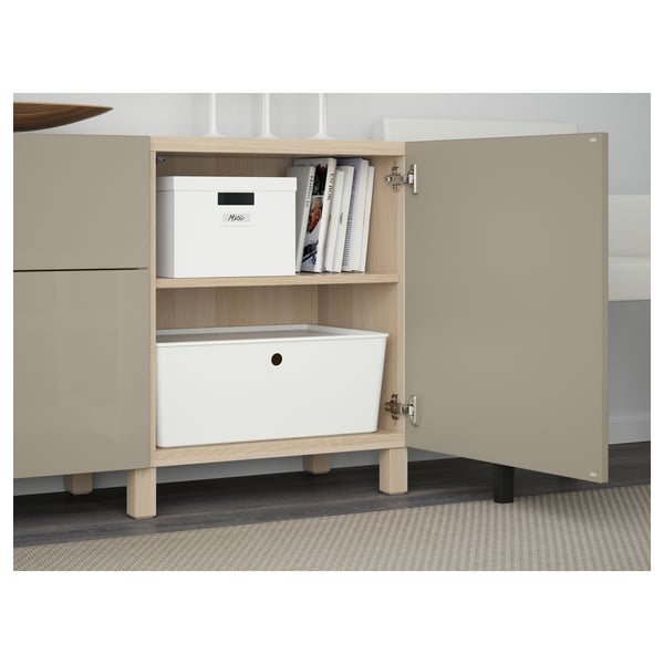 BESTÅ storage combination with drawers, white stained oak effect/Selsviken/Stubbarp high-gloss/beige, 180x42x74 cm