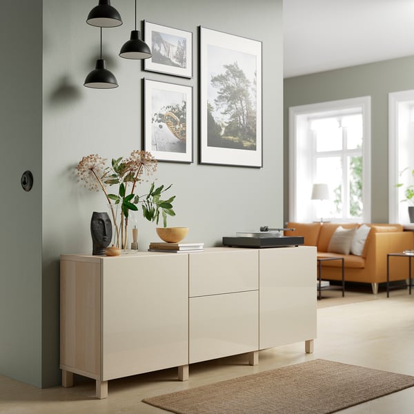 BESTÅ storage combination with drawers, white stained oak effect/Selsviken/Stubbarp high-gloss/beige, 180x42x74 cm