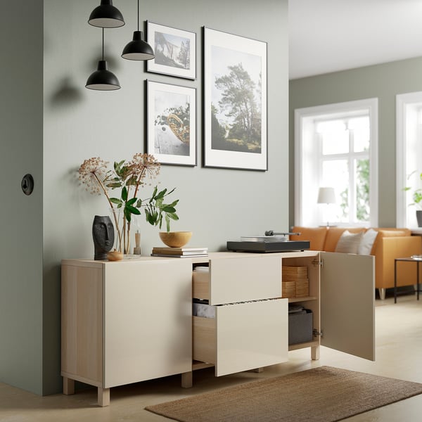 BESTÅ storage combination with drawers, white stained oak effect/Selsviken/Stubbarp high-gloss/beige, 180x42x74 cm