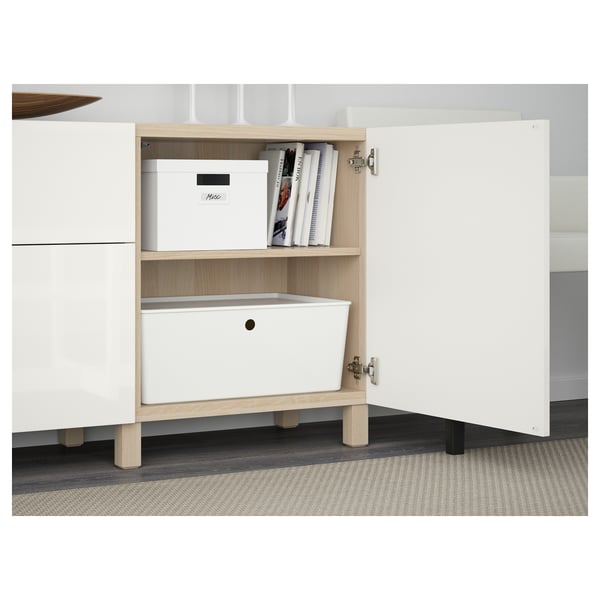 BESTÅ storage combination with drawers, white stained oak effect/Selsviken/Stubbarp high-gloss/white, 180x42x74 cm