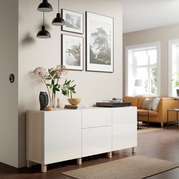BESTÅ storage combination with drawers, white stained oak effect/Selsviken/Stubbarp high-gloss/white, 180x42x74 cm
