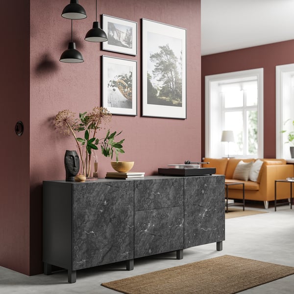 BESTÅ storage combination with drawers, dark grey/Bergsviken/Stubbarp black, 180x42x74 cm
