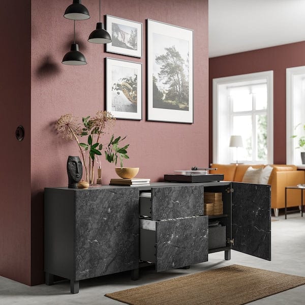Ikea BESTÅ - Storage combination with drawers, dark grey/Bergsviken/Stubbarp black, 180x42x74 cm
