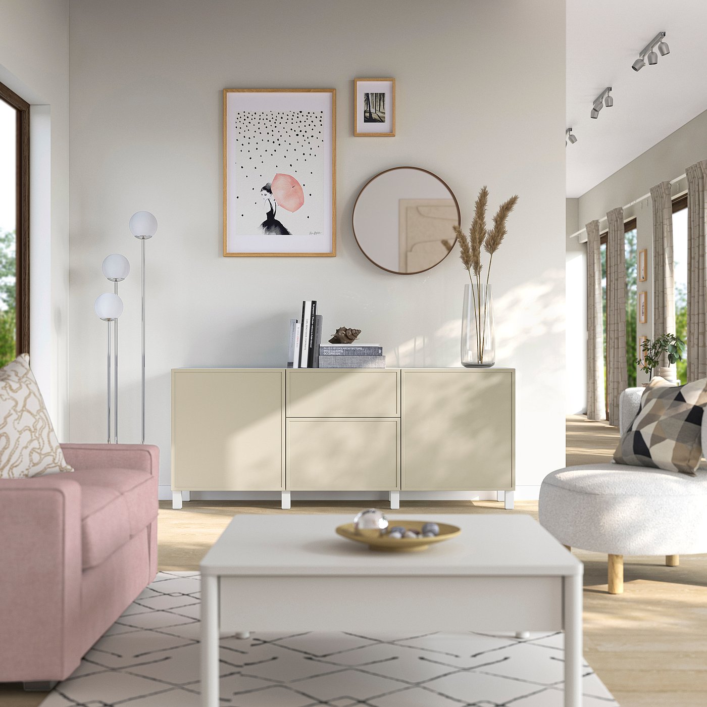BESTÅ storage combination with drawers, Krukmakare beige/Stubbarp white, 180x42x74 cm