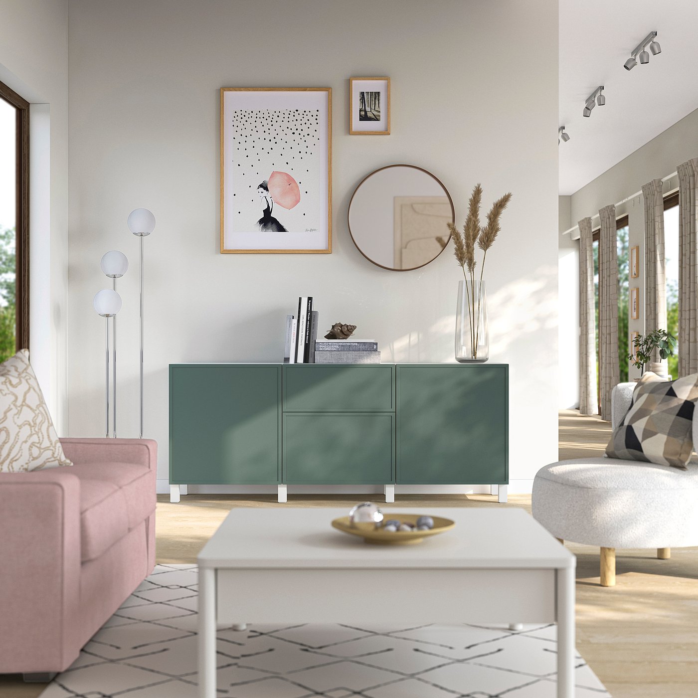 BESTÅ storage combination with drawers, Krukmakare dark grey-green/Stubbarp white, 180x42x74 cm