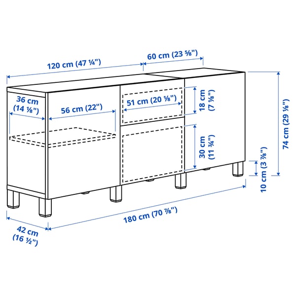 BESTÅ - BESTÅ Storage combination with drawers, Laxviken white/Selsviken high-gloss/white, 180x42x74 cm