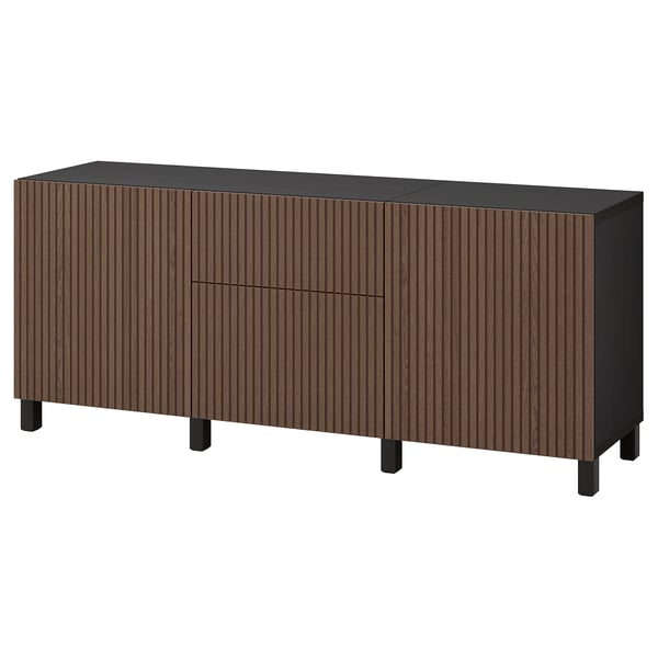 BESTÅ storage combination with drawers, black-brown Björköviken/Stubbarp/brown stained oak veneer, 180x42x74 cm