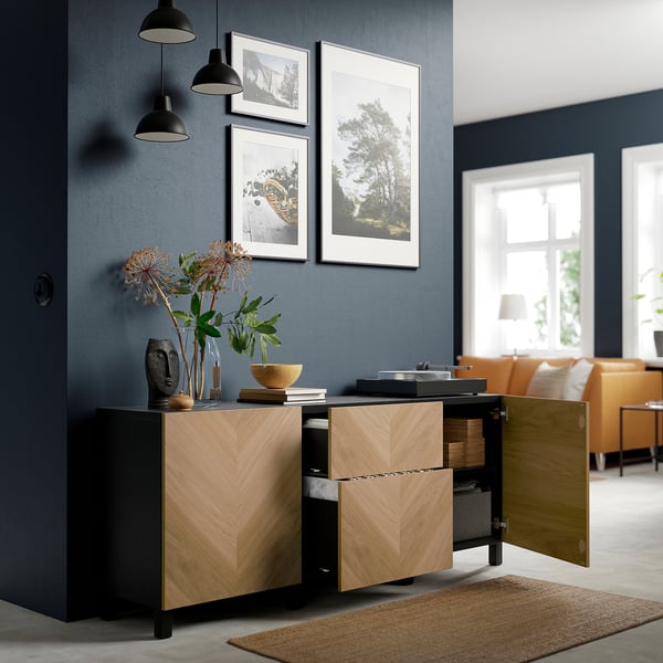 BESTÅ storage combination with drawers, black-brown/Hedeviken/Stubbarp oak veneer, 180x42x74 cm