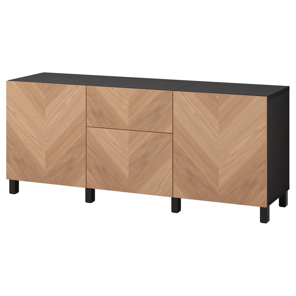 BESTÅ storage combination with drawers, black-brown/Hedeviken/Stubbarp oak veneer, 180x42x74 cm