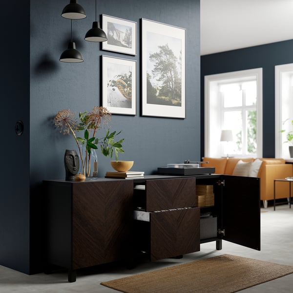 BESTÅ storage combination with drawers, black-brown Hedeviken/Stubbarp/dark brown stained oak veneer, 180x42x74 cm